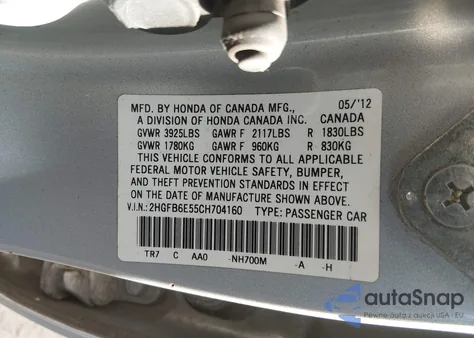 2012 Honda Civic Si z USA, uszkodzony, nr VIN 2HGFB6E55CH704160